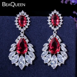 BeaQueen Vintage Female Big Red Austrian Crystal Noble Wedding Bridal Chandelier Earrings CZ Indian Jewelry for Women E045