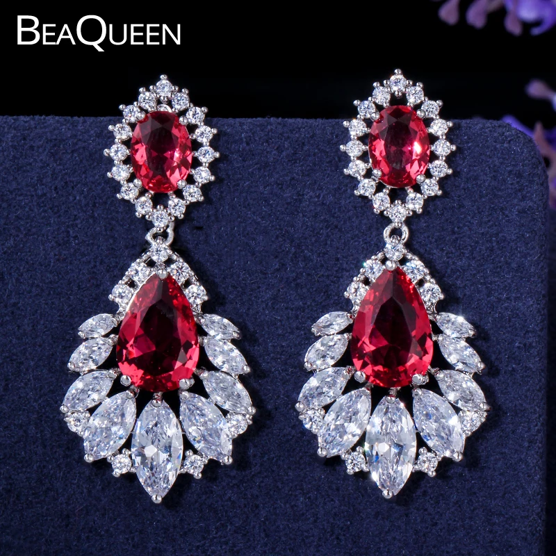 BeaQueen Vintage kobieta duży czerwony austriacki kryształ szlachetny ślub Bridal kolczyki żyrandol CZ indyjska biżuteria dla kobiet E045