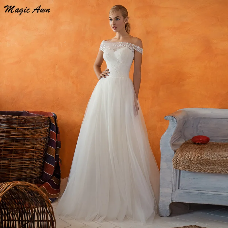 Magic Awn-Vestidos de novia con hombros descubiertos, apliques de encaje, princesa elegante, ilusión Bohemia, línea A, Branco