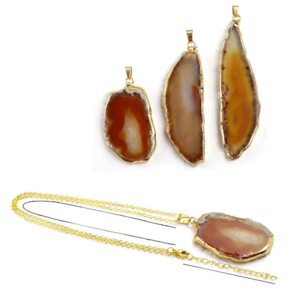 Natural Druzy Geode Agate Slice Gold Plated Crystal Agate Gemstone Pendant Necklace Sweater Chain Charm Jewelry