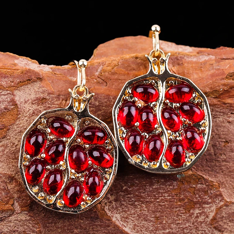 Gold Color Red Garnet Earrings for Women CZ Stone Round Beaded Inlay Dangle Earrings Wedding Jewelry Gifts  Earrings