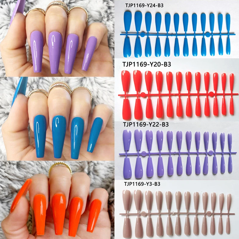 20/24 Pcs Solid Color Fashion Long Coffin UV Gel Glue Fake Nails Reusable Full Cover Ballerina False Nails with Glue Sticker