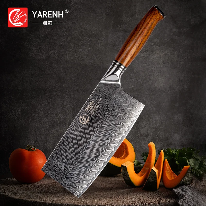 YARENH 7 Inch Cleaver Knife - Chinese Style Chef Utility Knife - Damascus Stainless Steel Cooking Knives - Dalbergia Wood Handle