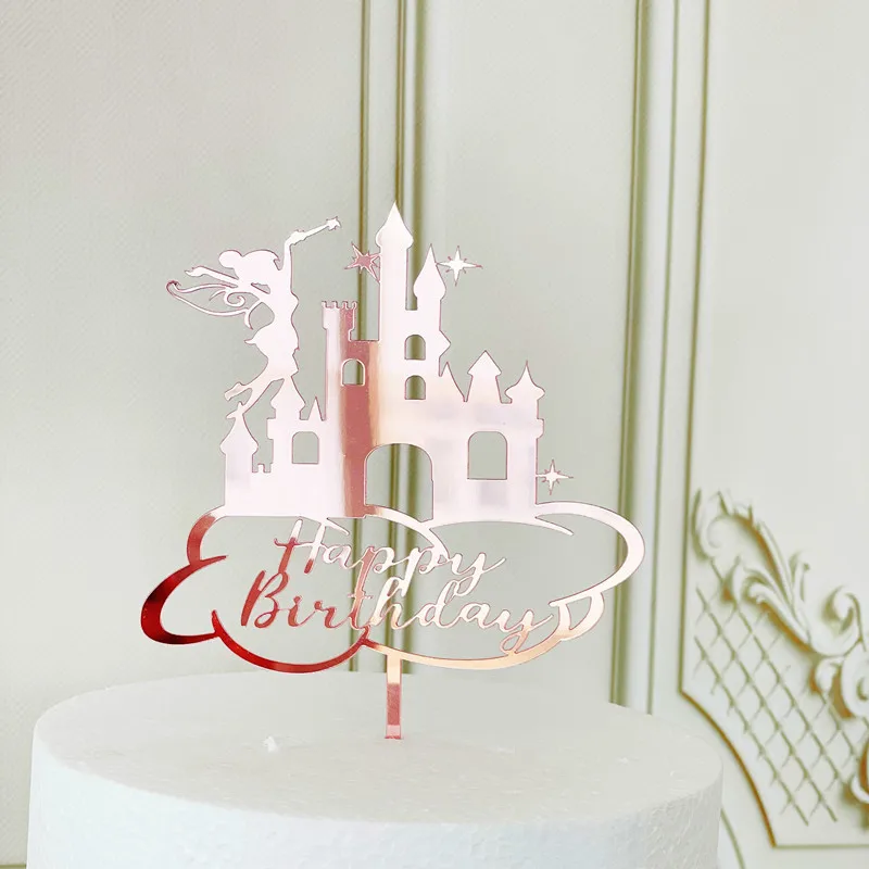 Rose Gold Castle Acrylic Cake Toppers Gold Snowflakes Elf Birthday Cake Toppers for Kids Birthday Party Cake Decoration Supplies view 6