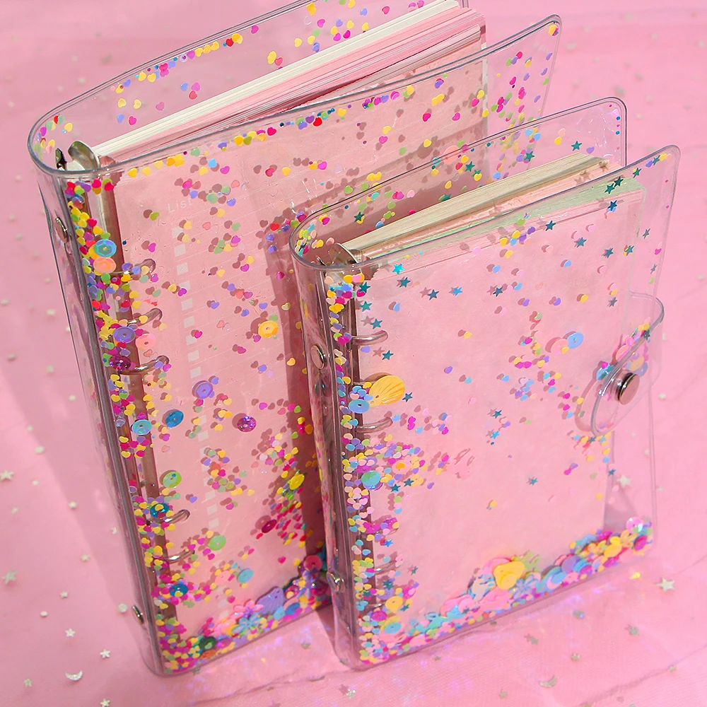 A5 A6 Cute Transparent PVC Sequins Cover Office School 6 Rings Binder Spiral Planner Agenda Organizer Notebooks Stationery