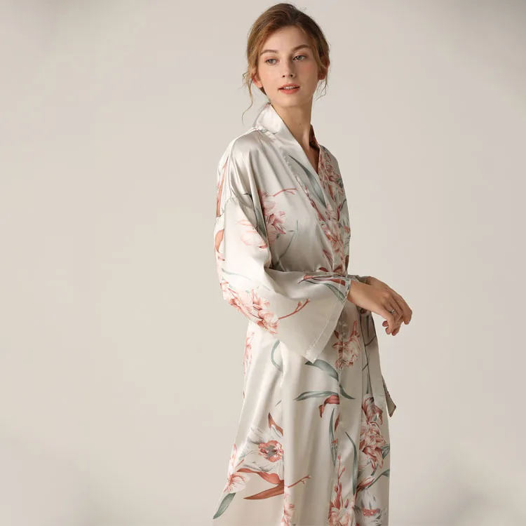 Print Flower Women Kimono Bathrobe Gown Intimate Lingerie Satin Nightwear Nighty&Robe Suit Sexy Sleepwear Silky Nightgown