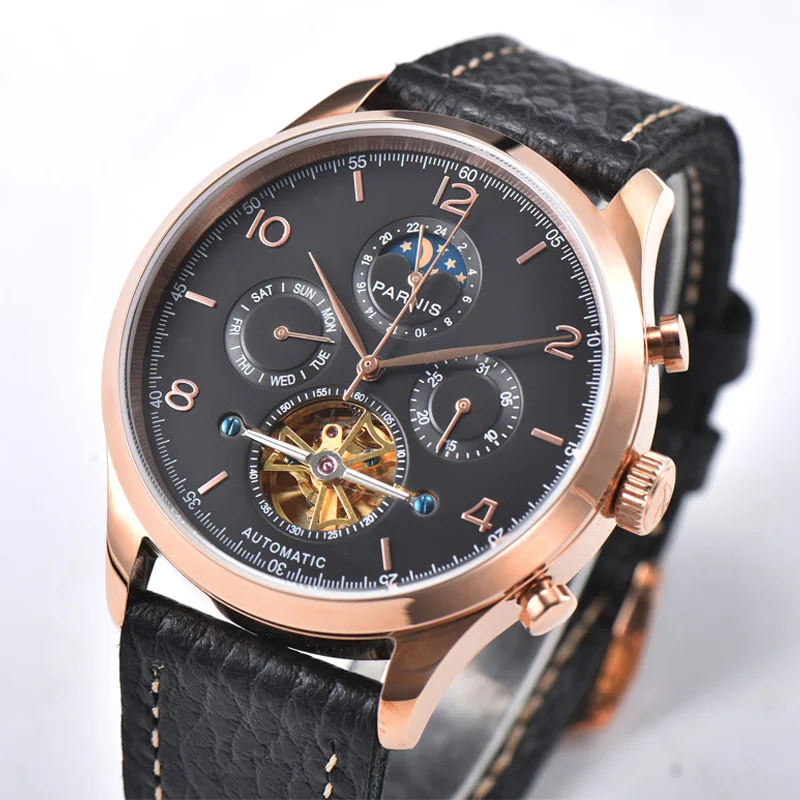 PARNIS Self Winding Movement 43mm Mechanical Men Watch Date Week Function Silver Color / Rose Gold Color Case Leather Strap
