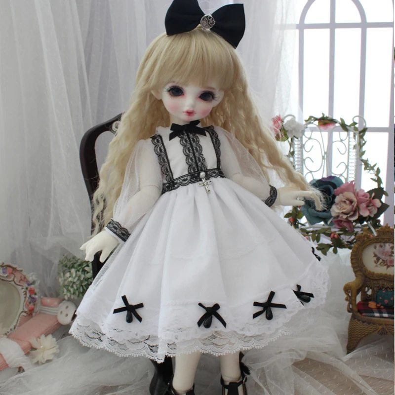 Doll clothes 1/4 1/6 doll dress white dress with black lace for 1/6 1/4 BJD Blyth doll accessories dress+hair decoration