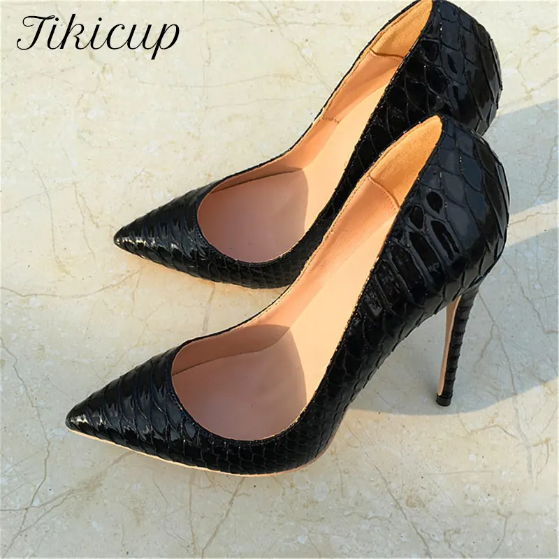 Tikicup Black Croc-Effect Women Sexy Evening Party High Heels Slip On Pointed Toe Fashion Pumps Ladies Designer Shoes Plus Size