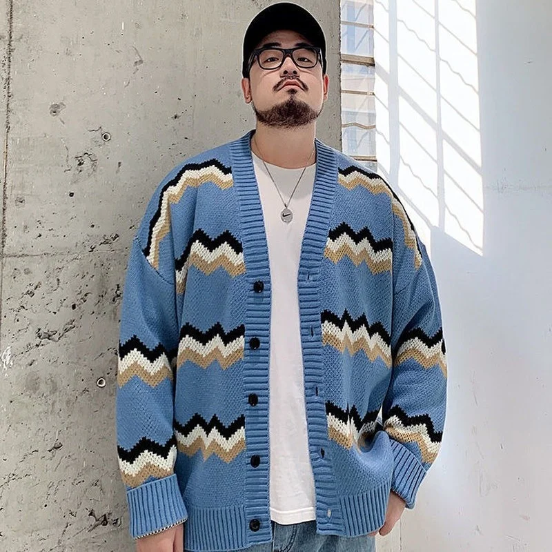 Wave Pattern Cardigan Sweater Coat Men's Large Size Loose Male Knitted Jacket Korean Spring Autumn Contrast Color Mens Clothes