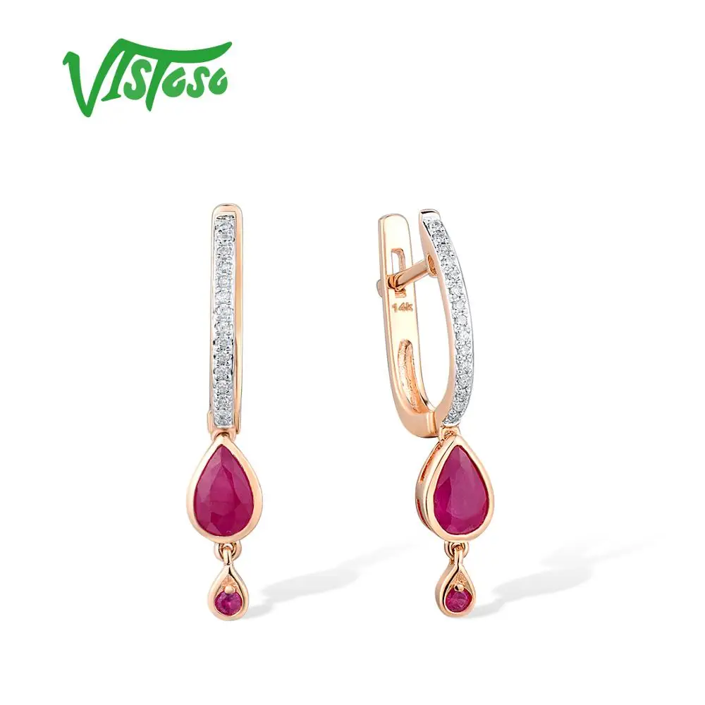 

VISTOSO Gold Earrings For Women Pure 14K 585 Rose Gold Sparkling Diamond Ruby Dangling Drop Earrings Elegant Trendy Fine Jewelry