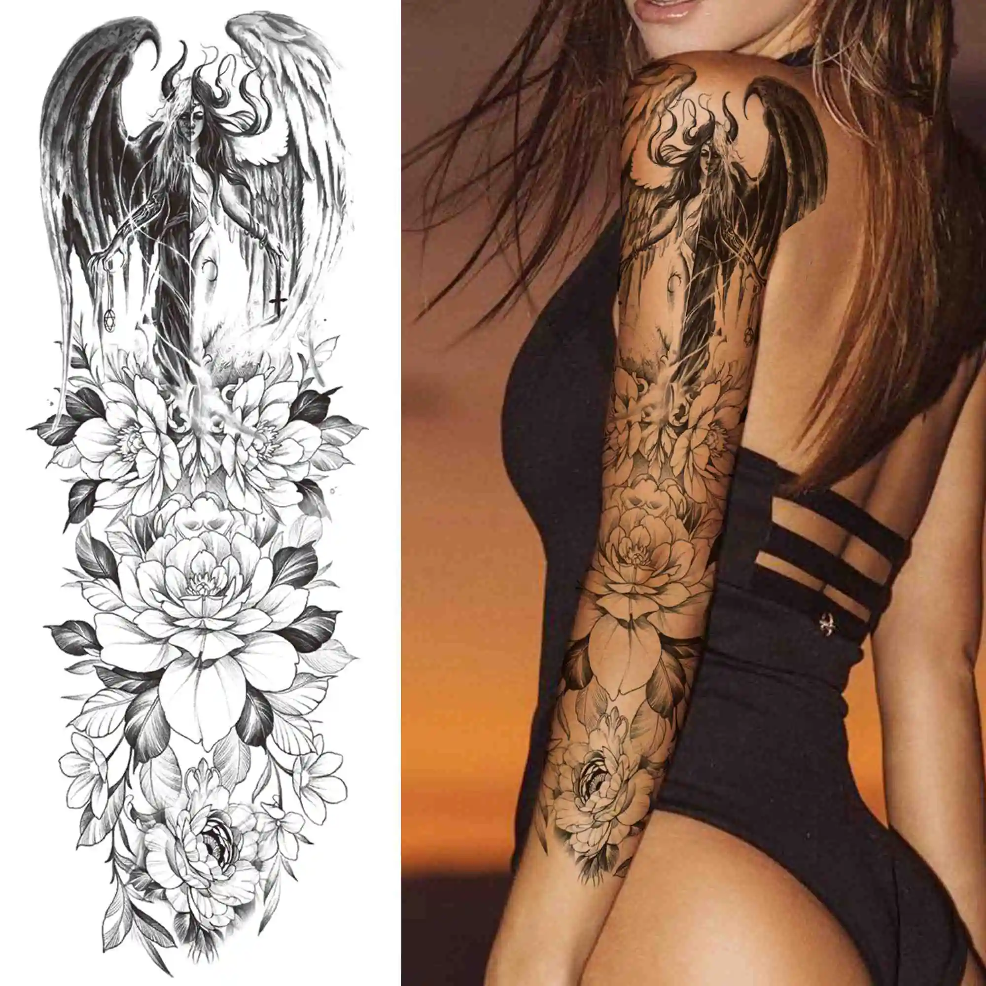 Flower Temporary Tattoo For Women Men Adult Full Arm Demon Wings Tattoos Sticker Sleeve Fake Black Skull God Tatoos Shoulder