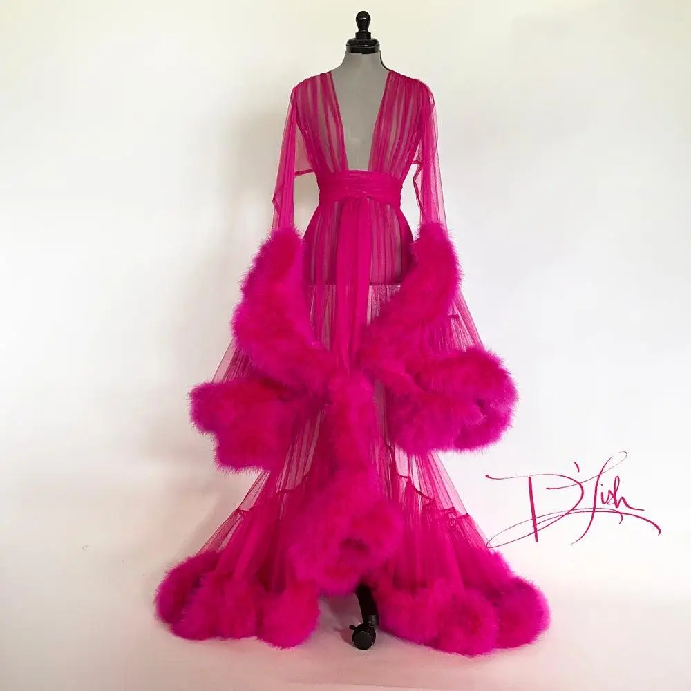 

Fuchsia Maternity Dresses Luxury Fur Maternity Gown for Photoshoot Boudoir Lingerie Tulle Robe Bathrobe Nightwear Babydoll Robe