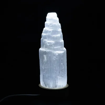 

10-20cm Natural Selenite Lamp Carved Tower Healing Crystal Palm Stone Wicca Decor Point White Plate Gift 1pc