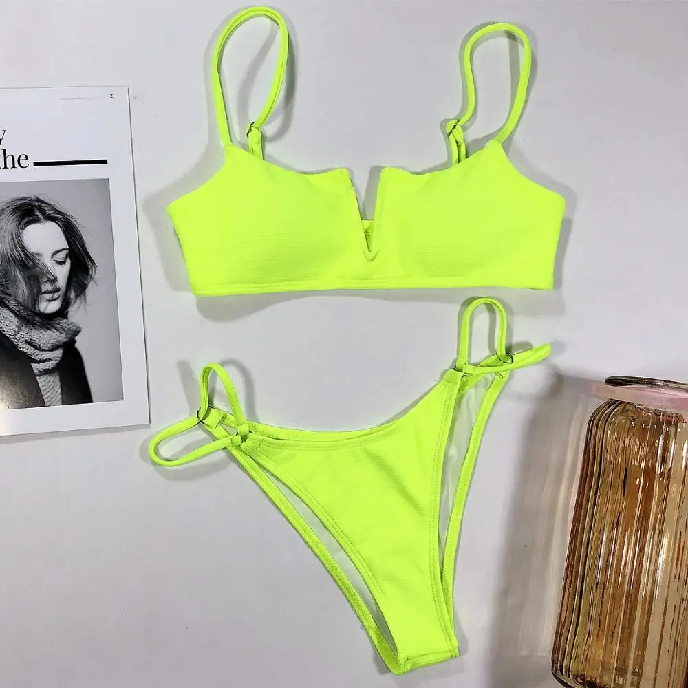 New Sexy Neon Yellow Deep V Bikini 2023Female Swimsuit Women Swimwear Two-pieces Bikini set Bather Bathing Suit Swim Thong Lady