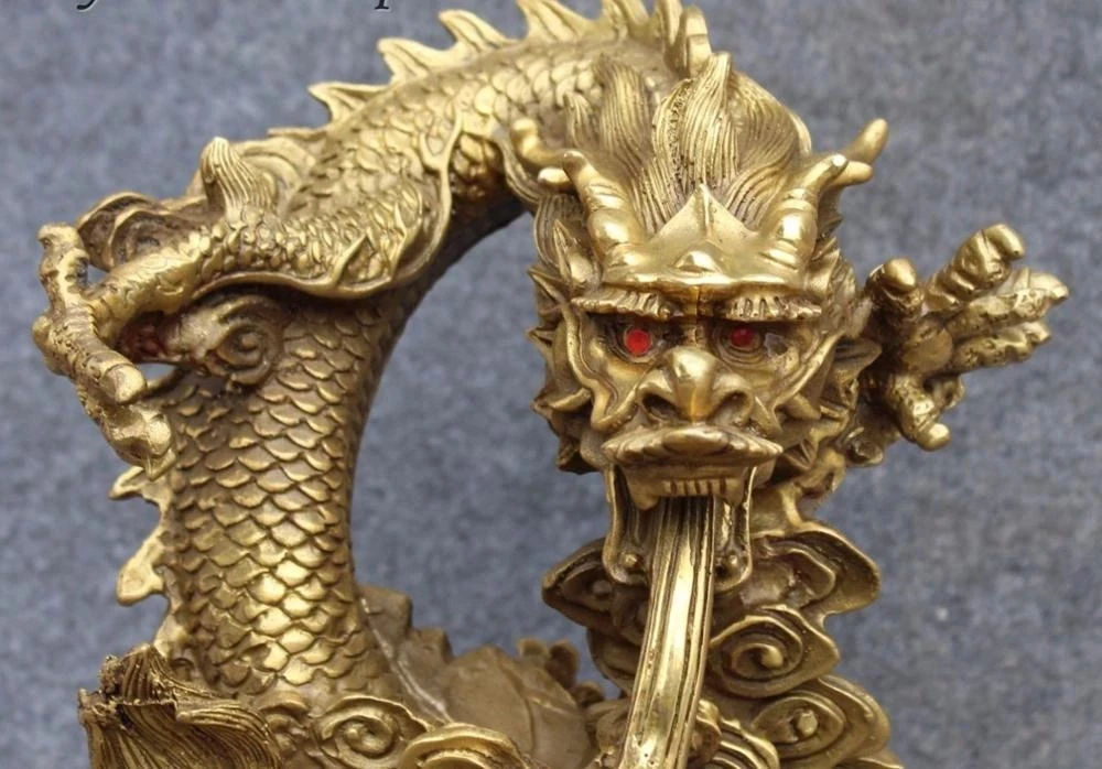 free shipping 10" China Pure Bronze Fengshui Zodiac Year Dragon Dragons Success Animal Statue