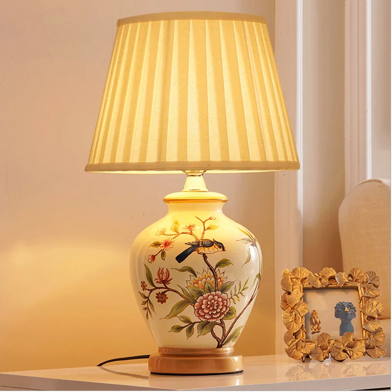 Chinese style flower&bird ceramic Table Lamps Classical dimmer/Touch switch fabric E27 LED lamp for bedside&foyer&studio MF050