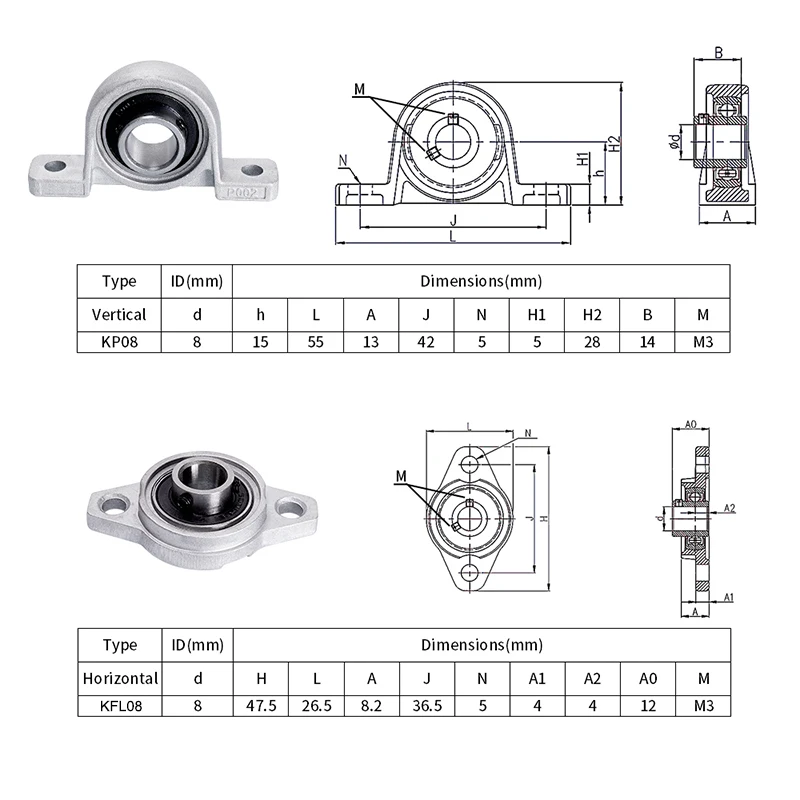 Jogo vertical e horizontal do parafuso com rolamento da porca, T8, parafuso da ligação, peças da impressora 3D, 8mm, 500mm, 400mm, 350mm, 200mm, 100mm, KFL08, KP08