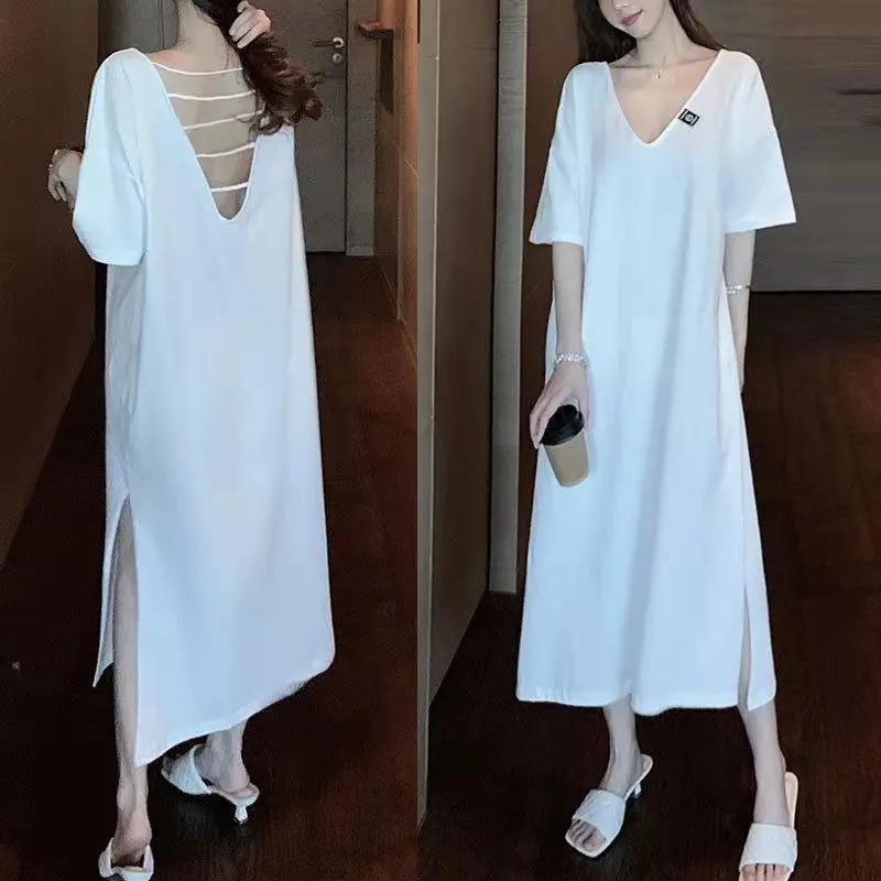 Vestido largo por encima de la rodilla de estilo perezoso para mujer, camiseta sexy con espalda descubierta y cuello en V