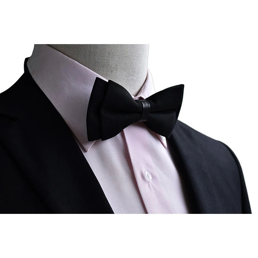 Men Stylish Solid Color Faux Leather Bow Tie Double Layer Pre-tied Tuxedo Bowtie