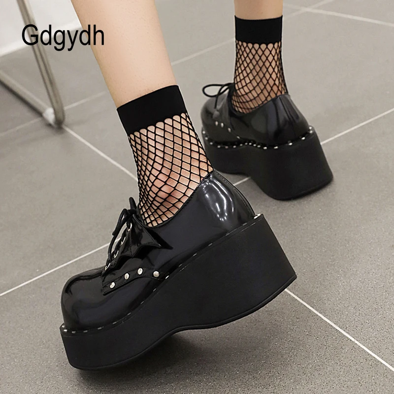 Gdgydh Punk Style Shoes Woman Platform Heel Metal Rivet Dark Bat Fashion Trendy Women Pumps Wedge Bottom Burgundy School Student