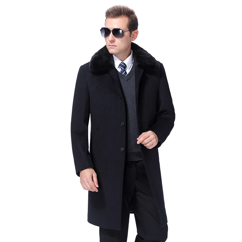 2022 Winter Men Woolen Coat Warm Wool Coat Men Overcoat Cashmere Peacoat Wool Blend Long Jacket Real Rabbit Fur Collar Fur Liner