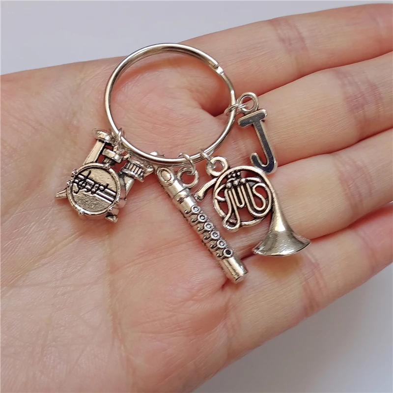 Drum Keyring, Flute Keychain Gift, Initial Charm, Name Keyring, Music Charm, Musical Instrument Keychain, Creative Keychain