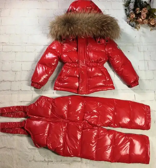 80cm -145cm 2021 Winter Jacket Children down jackets & PANT duck down Fur hooded girl snowsuit boy Suit set outerwear ski suit