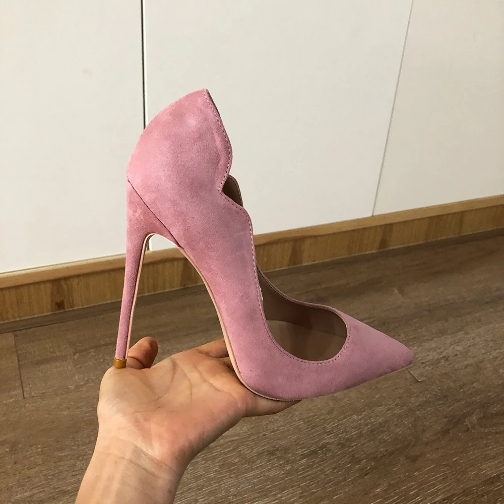 Veowalk Pink Flock Women Curl Cut Pointed Toe Stiletto Pumps Elegant Ladies Suede HIgh Heel Shoes for Party Office 8cm 10cm 12cm