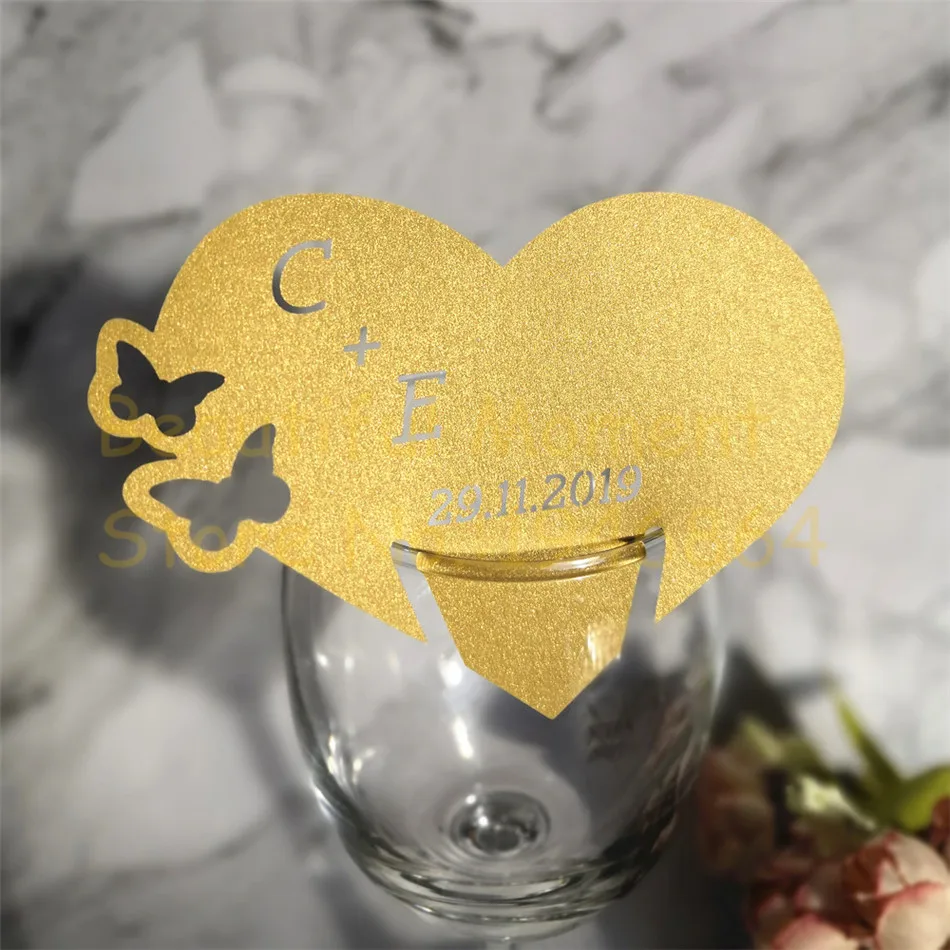 

60pcs Butterfly Heart Name Place Card, Wedding Place Cards, Customized Wedding Table Marker Wine Glass Cards, Wedding Favor