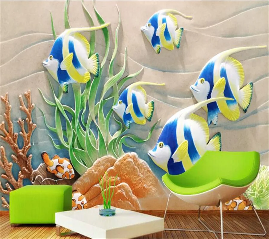 wellyu Customized large mural wallpaper 3d seaside relief goldfish seaweed coral sofa living room background wallpaper