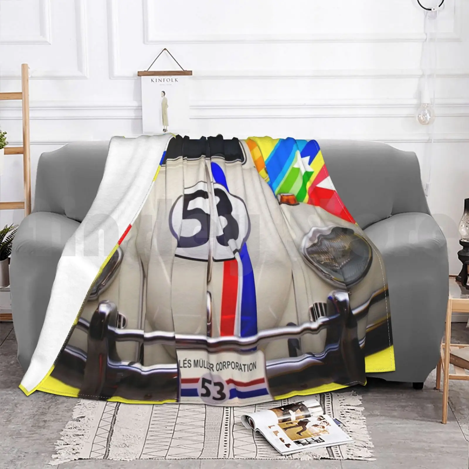 Koc Herbie na sofę i łóżko podróżny Herbie Bug Car 53, stary samochód The Love Bug