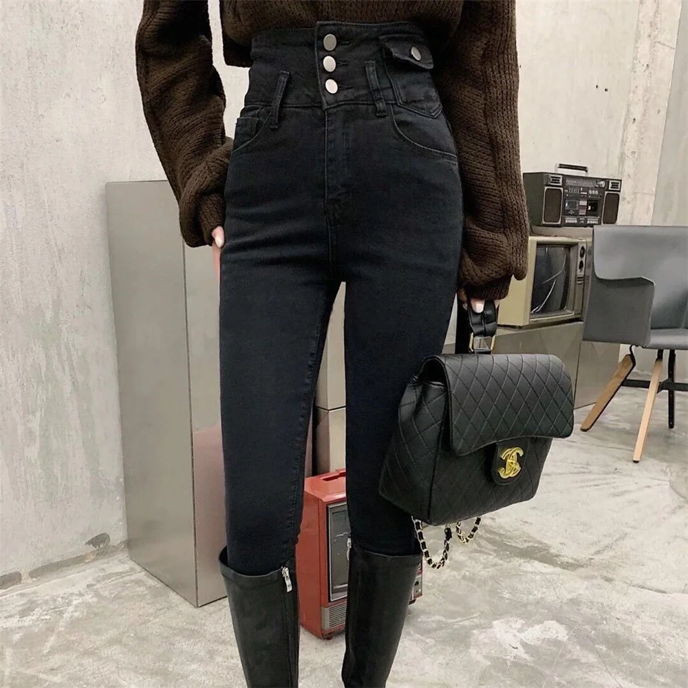 Celana Jeans Pensil Skinny Hangat Beludru Musim Dingin Plus Celana Denim Ramping Wanita Saku Pinggang Tinggi Kancing Jeans Streetwear Legging Celana Berlapis