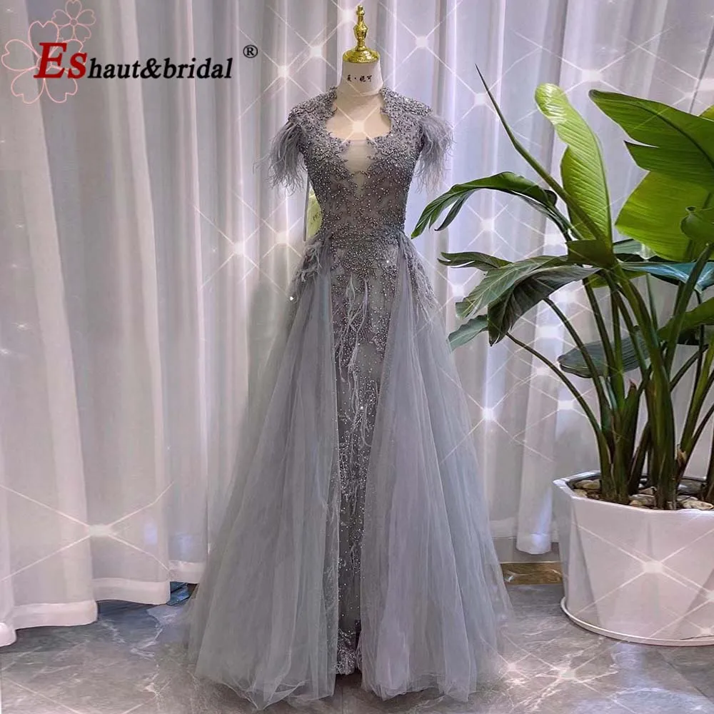 Elegant Feather Evening Night Dress for Women 2023 Mermaid Sleeveless Crystal Handmade O Neck Formal Prom Wedding Part Gowns