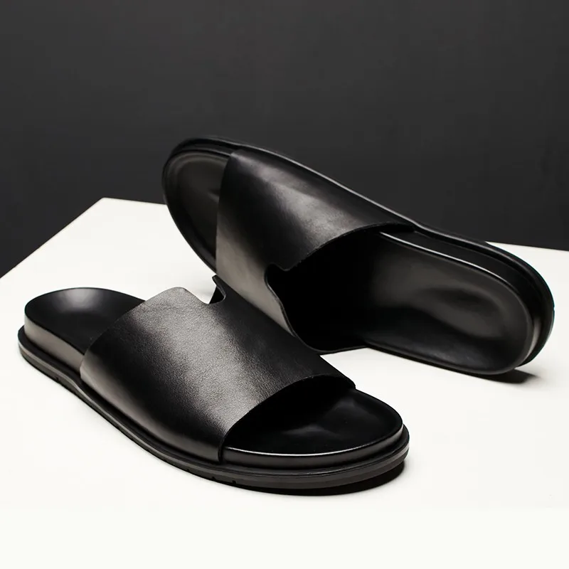 Summer Casual Mens Slides Shoes Genuine Leather Slippers Slip On Open Toe Black Bathroom Antiskid Flats Outside Beach Slippers