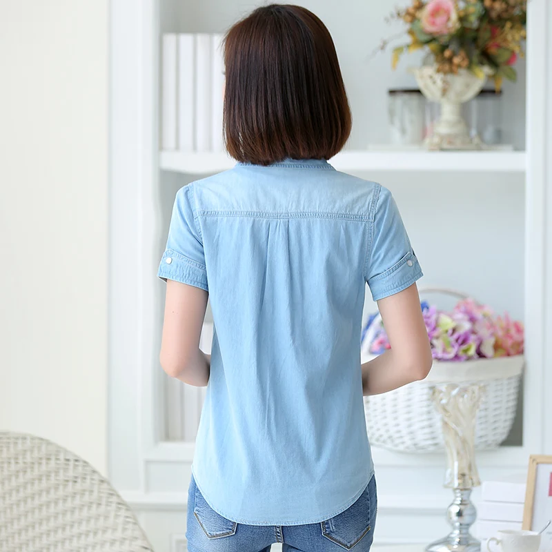 S-3XL Women Denim Shirt Summer New Fashion Casual Short-sleeve Buttons Slim Thin Tops Blouse Girl Student Cotton Shirts Female