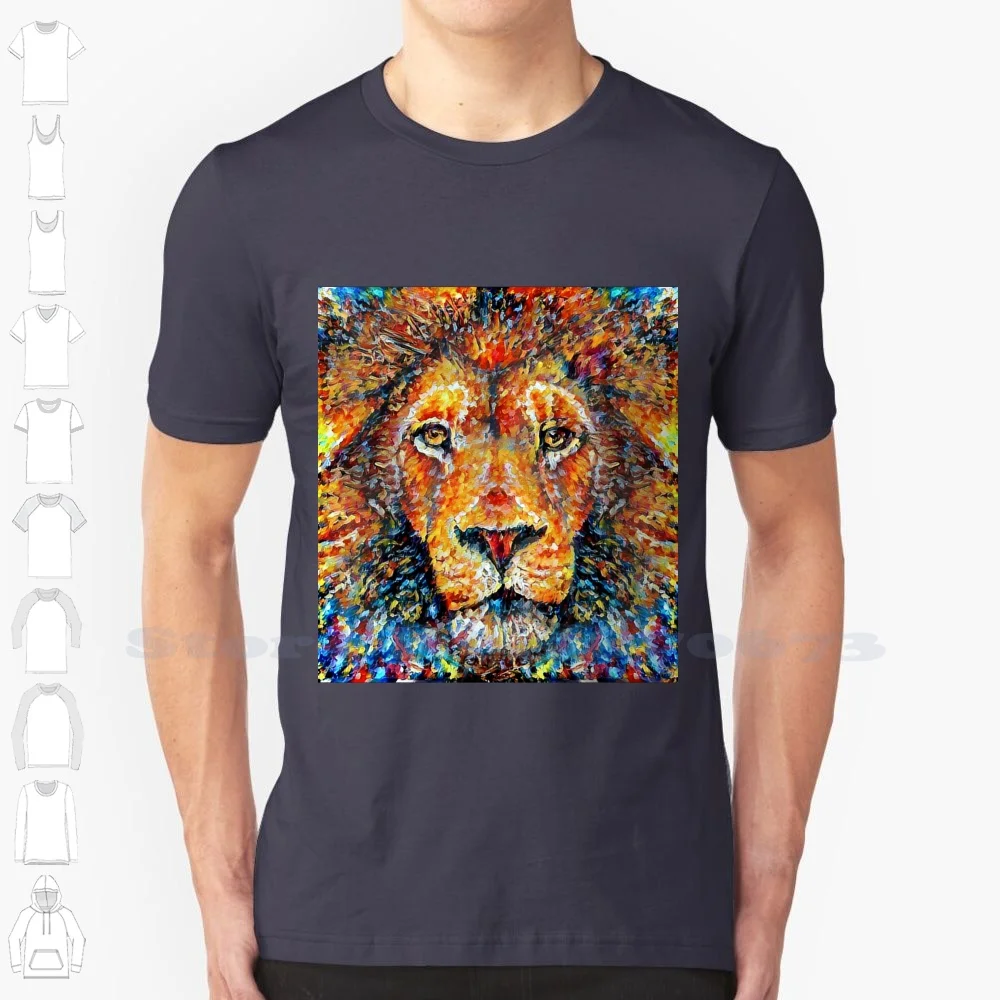 Colorful Lion Painting V4 100% Cotton T-Shirt Lion Animals Palette Knife Acrylic Oil Painting Colorful Colourful Cool Cute