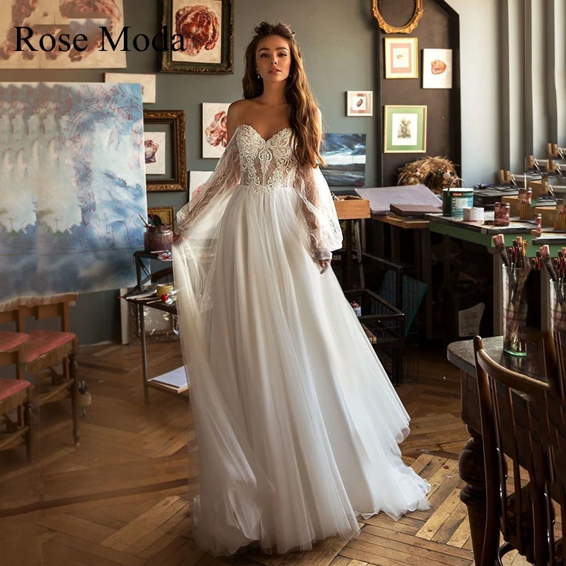 

Rose Moda Long Lace Sleeves Boho Wedding Dresses Destination Bridal Gown with Illusion Back