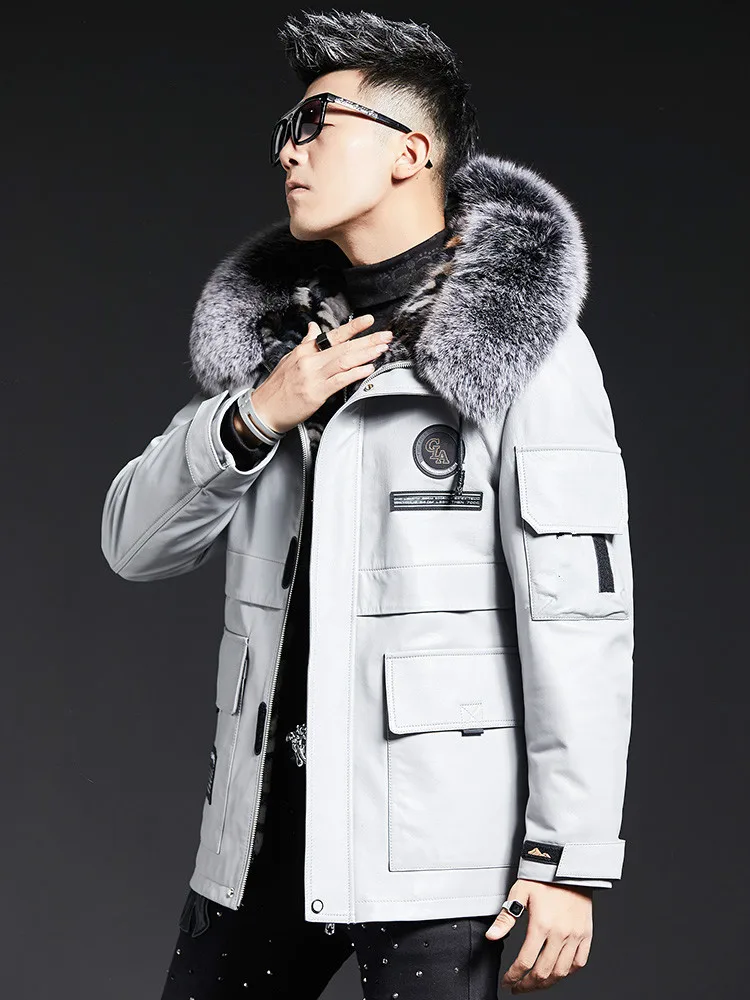 Parka Mens Mink Liner Hooded First Layer Cowhide Leather Coat Male Marten Overcoats Fur Fashion