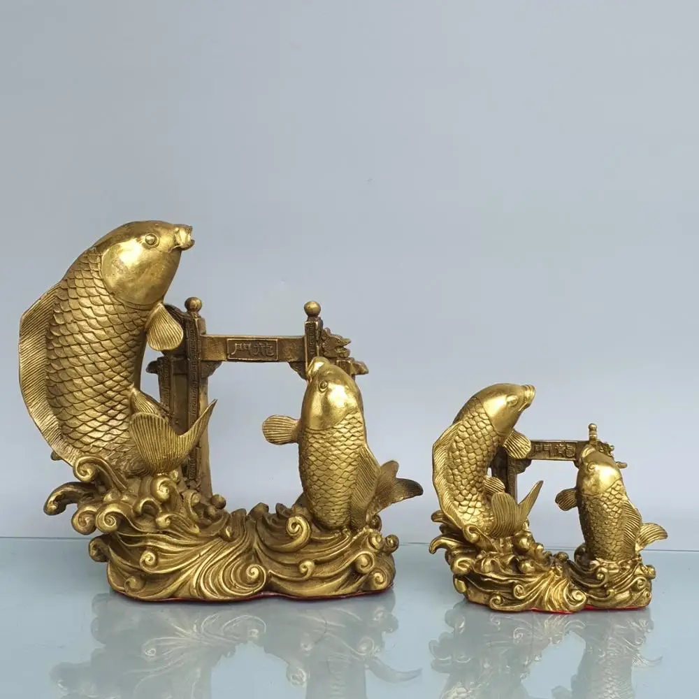 

8"Tibetan Temple Collection Old Bronze Carp statue Carp jumps into the Dragon gate and becomes Implication Feihuang Tengda