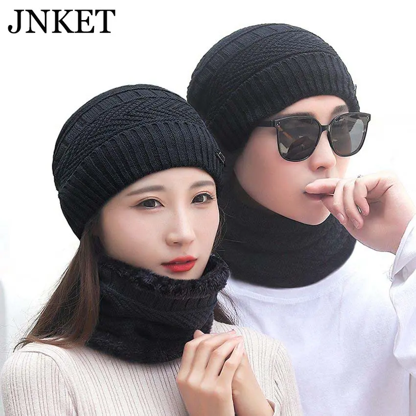 

JNKET Fashion Men Women Winter Warm Knitted Hat Cap Scarf Two piece Set Outdoor Sports Elastic Knitted Hat Bonnet