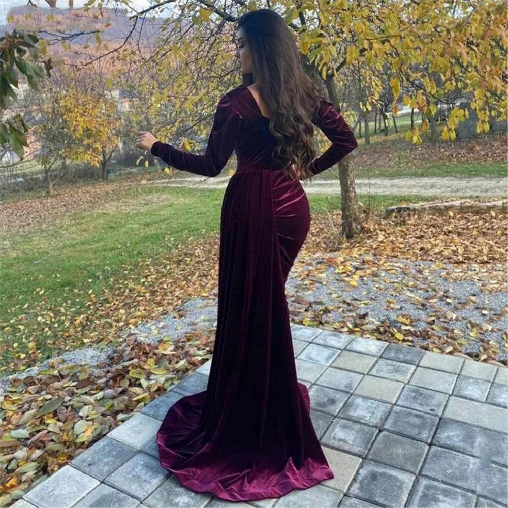 Arabisch Purple Mermaid Avondjurk Lange Mouwen Split Marokko Kaftan Zachte Fluwelen Prom Partij Jassen Vestidos De Fiesta