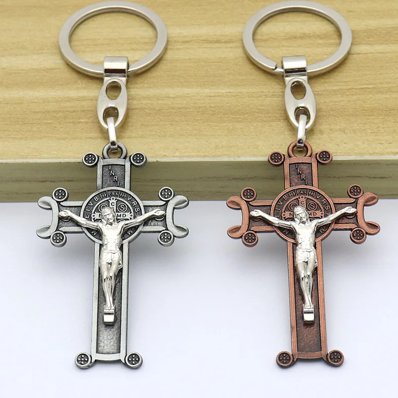 HeyMamba Antique Christian Jesus Cross Pendant Keychain Religious Crucifix Catholic Wall Crosses Decore Car Souvenirs Gift