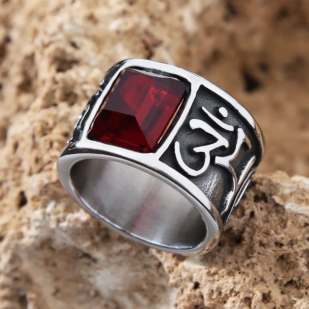 

Punk Hip-Hop Korean Version Red Stone Ring Retro Stainless Steel Six-Character Buddhist Mantra Ring Men Amulet Jewelry Gift