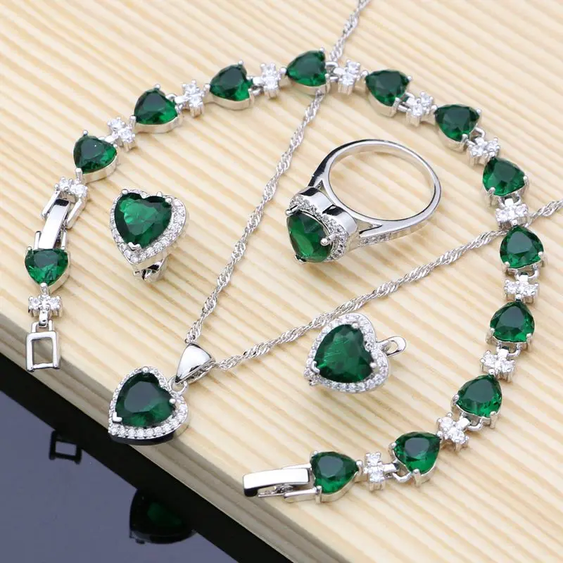 Fashion Women 925 Sterling Silver Jewelry Sets Heart Gem Emerald White Topaz Fine Bridal Jewelry Earrings Bracelet Necklace Sets