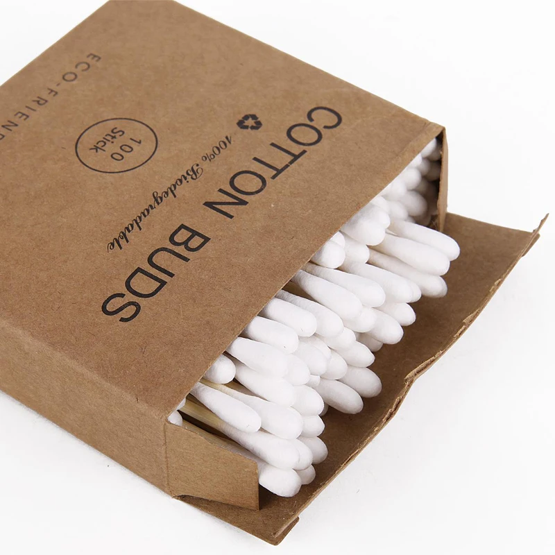 100 / 200pcs Kraft Paper Box Disposable Double-ended Cotton Swab Ears Clean Bamboo Cotton Stick for Beauty Makeup