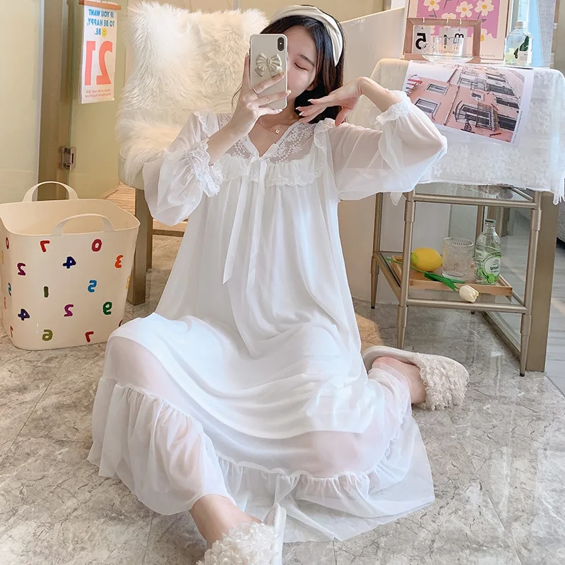 Romantic Nightgown Women Autumn Mesh Fairy Night Dress Victorian Peignoir Vintage Princess Sleepwear Lolita Nightie Nightdress