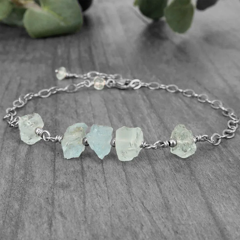Natural Aquamarine Bracelet, March Birthstone Raw Stone Jewellery