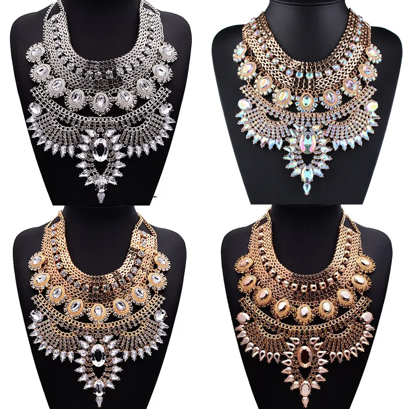 Boho Ethnic Big Bib Maxi Choker Women Jewellery Indian Vintage Statement Crystal Rhinestone Large Collar Necklace Girl