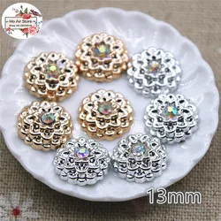 50 pz 13mm strass fiore rotondo colore dorato bottoni posteriori piatti casa giardino artigianato Cabochon Scrapbooking accessori di abbigliamento